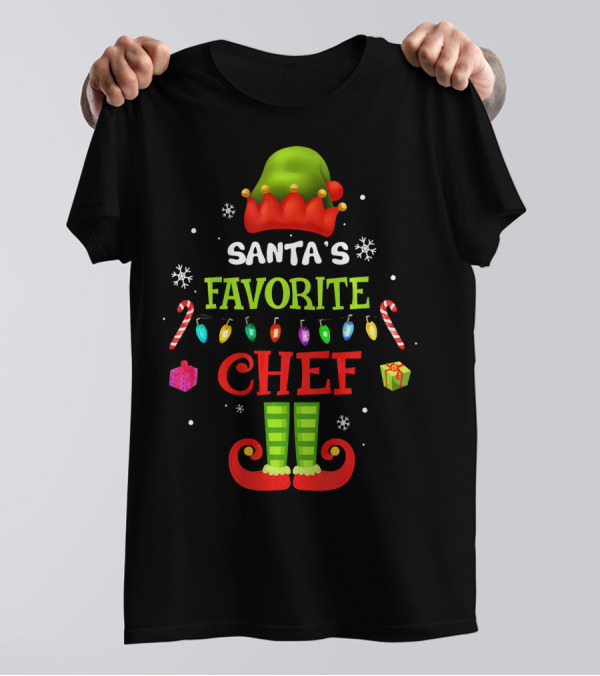 Santa's Favorite Chef Elf Hat Candy Canes Lights Snowflakes Gifts T-Shirt