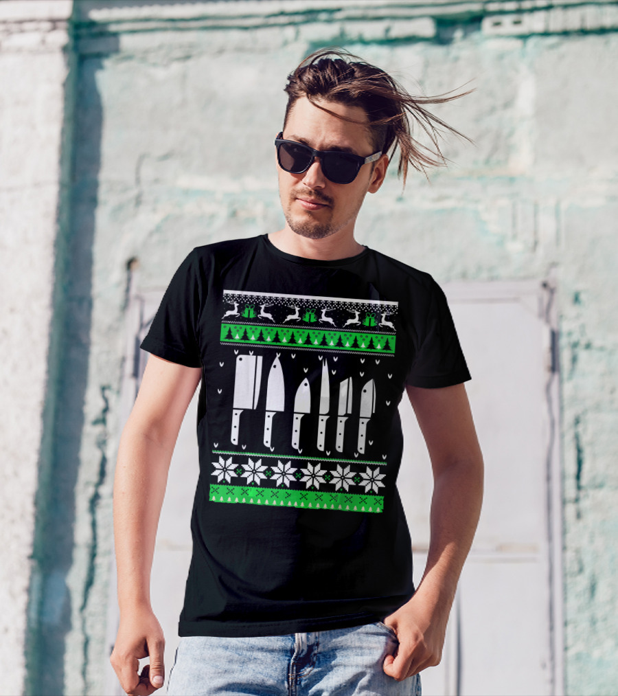 Ugly Christmas Chef Knife Funny Coo Snowflakes Reindeer Gifts T-Shirt