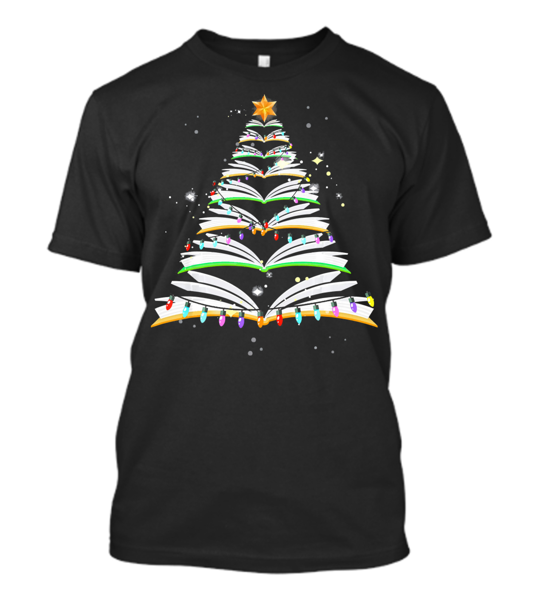 Teacher Librarian Christmas Books Tree With Festive Lights And Star Topper T-Shirt