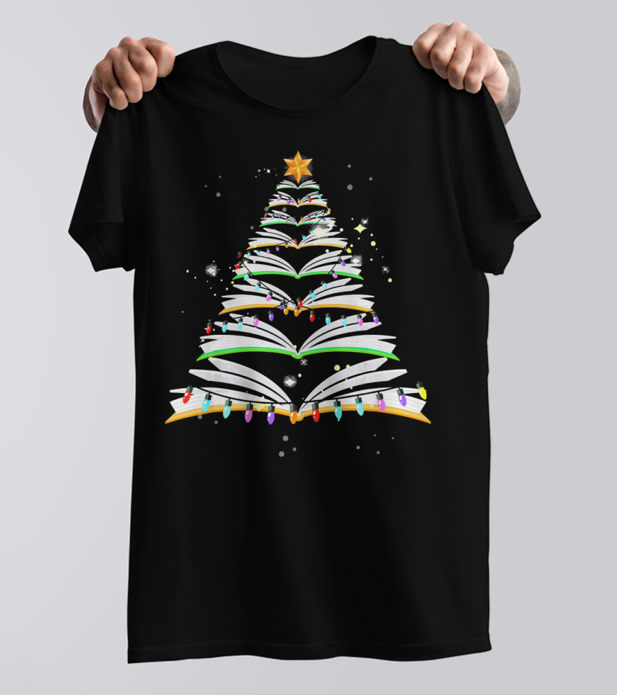Teacher Librarian Christmas Books Tree With Festive Lights And Star Topper T-Shirt