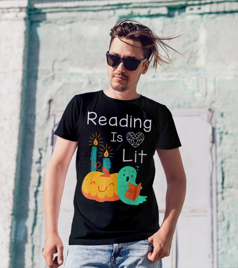Reading Is Lit Halloween Teacher Librarian Costume Ghost Pumpkin T-Shirt