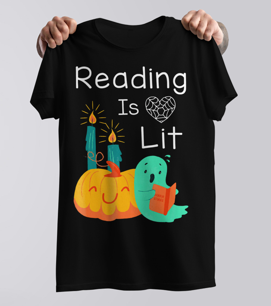 Reading Is Lit Halloween Teacher Librarian Costume Ghost Pumpkin T-Shirt