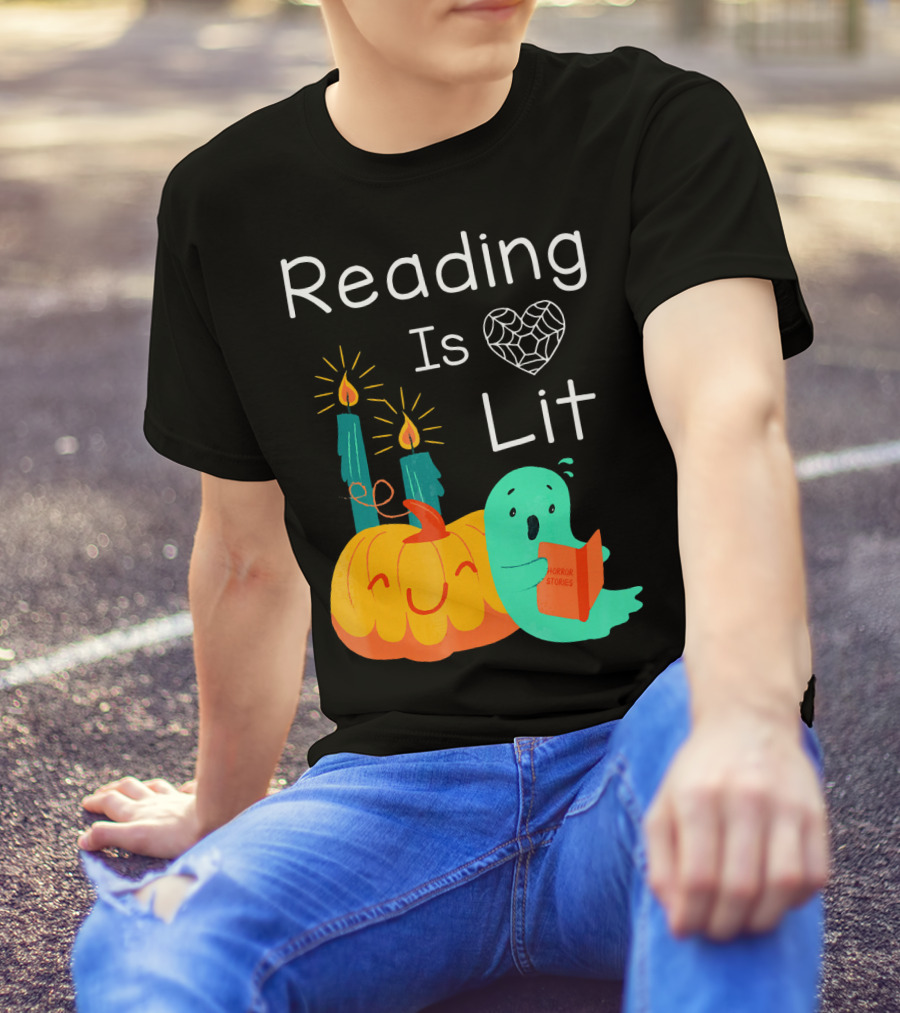 Reading Is Lit Halloween Teacher Librarian Costume Ghost Pumpkin T-Shirt