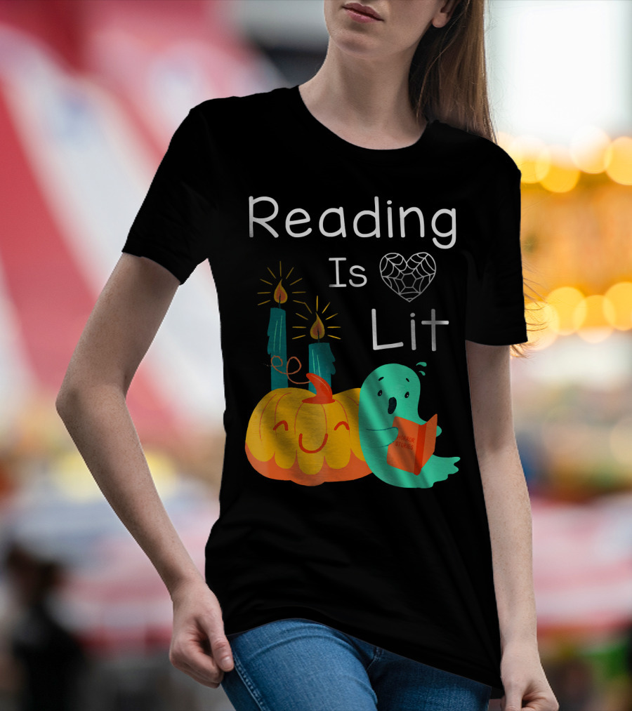 Reading Is Lit Halloween Teacher Librarian Costume Ghost Pumpkin T-Shirt