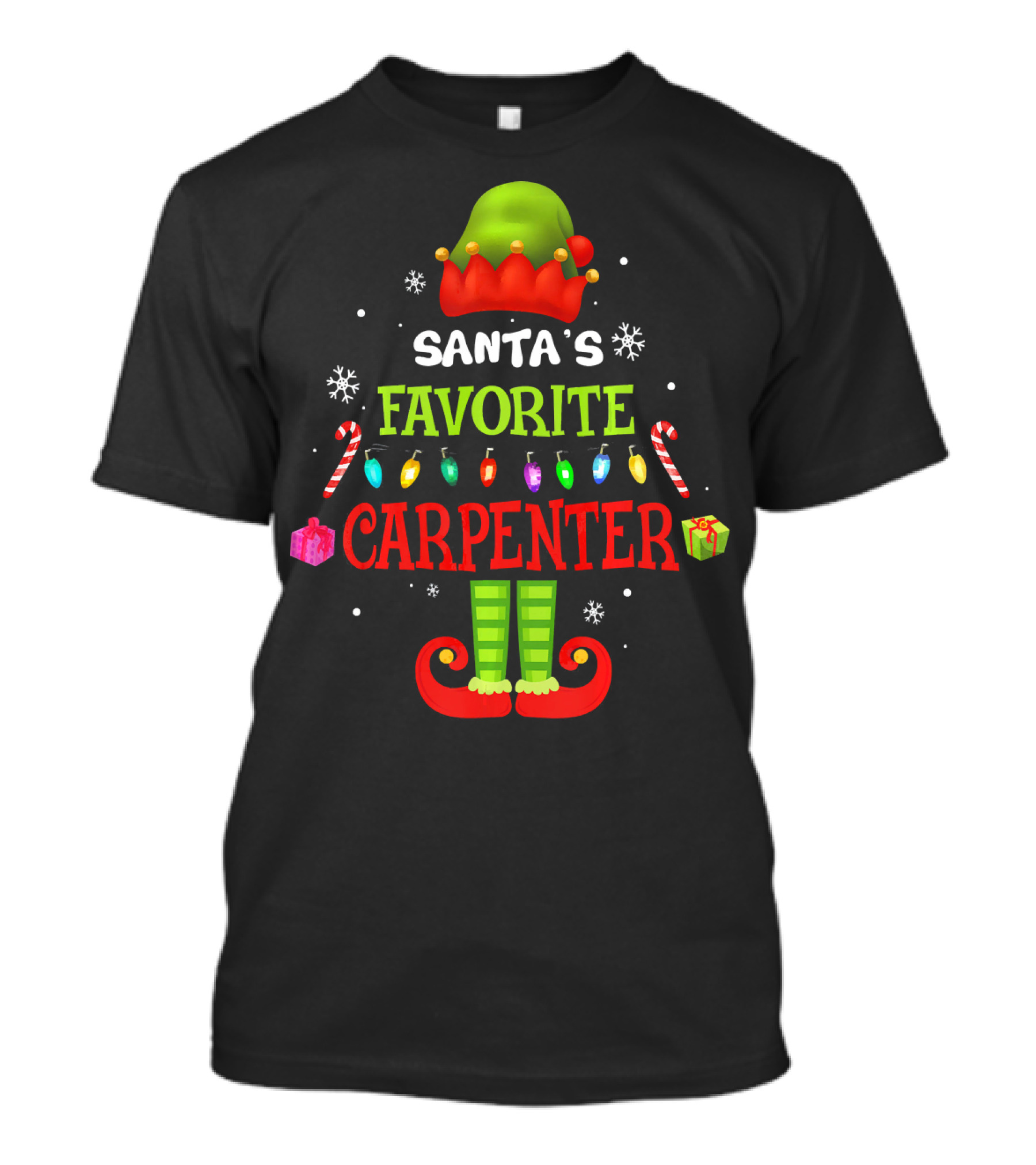 Santa's Favorite Carpenter Elf Hat Candy Canes Lights Gifts Snowflakes T-Shirt