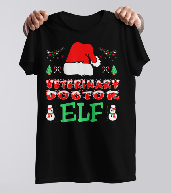 Veterinary Doctor Elf Santa Hat Candy Cane Snowman Christmas Trees T-Shirt