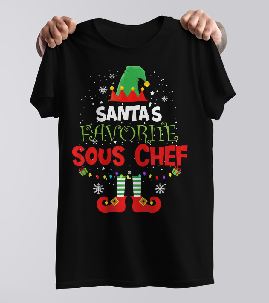 Santa's Favorite Sous Chef Elf Hat And Boots Christmas Snowflakes T-Shirt