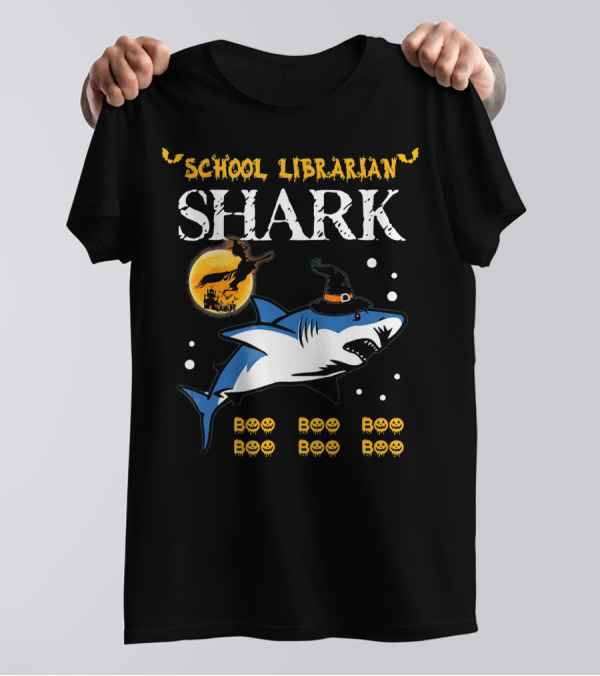School Librarian Shark Boo Boo Boo Halloween Moon Pumpkins T-Shirt
