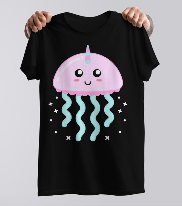 Kawaii Jellyfish Unicorn With Cute Stars And Smiling Face T-Shirt