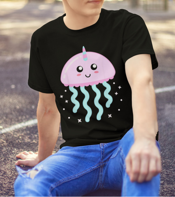 Kawaii Jellyfish Unicorn With Cute Stars And Smiling Face T-Shirt