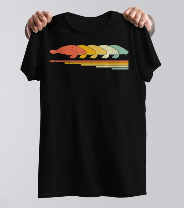 Manatee Retro Vintage 70s 80s Animal Silhouette Stripe T-Shirt