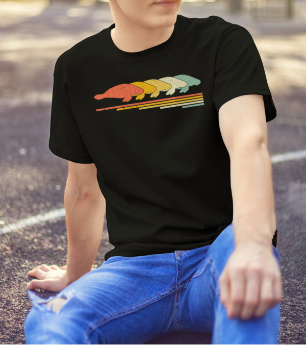 Manatee Retro Vintage 70s 80s Animal Silhouette Stripe T-Shirt