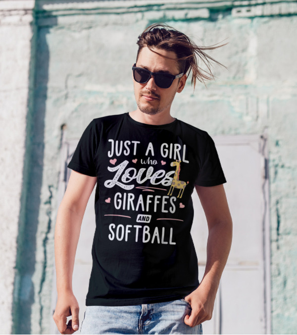 Just A Girl Who Loves Giraffes And Softball With Cute Hearts Iconic T-Shirt