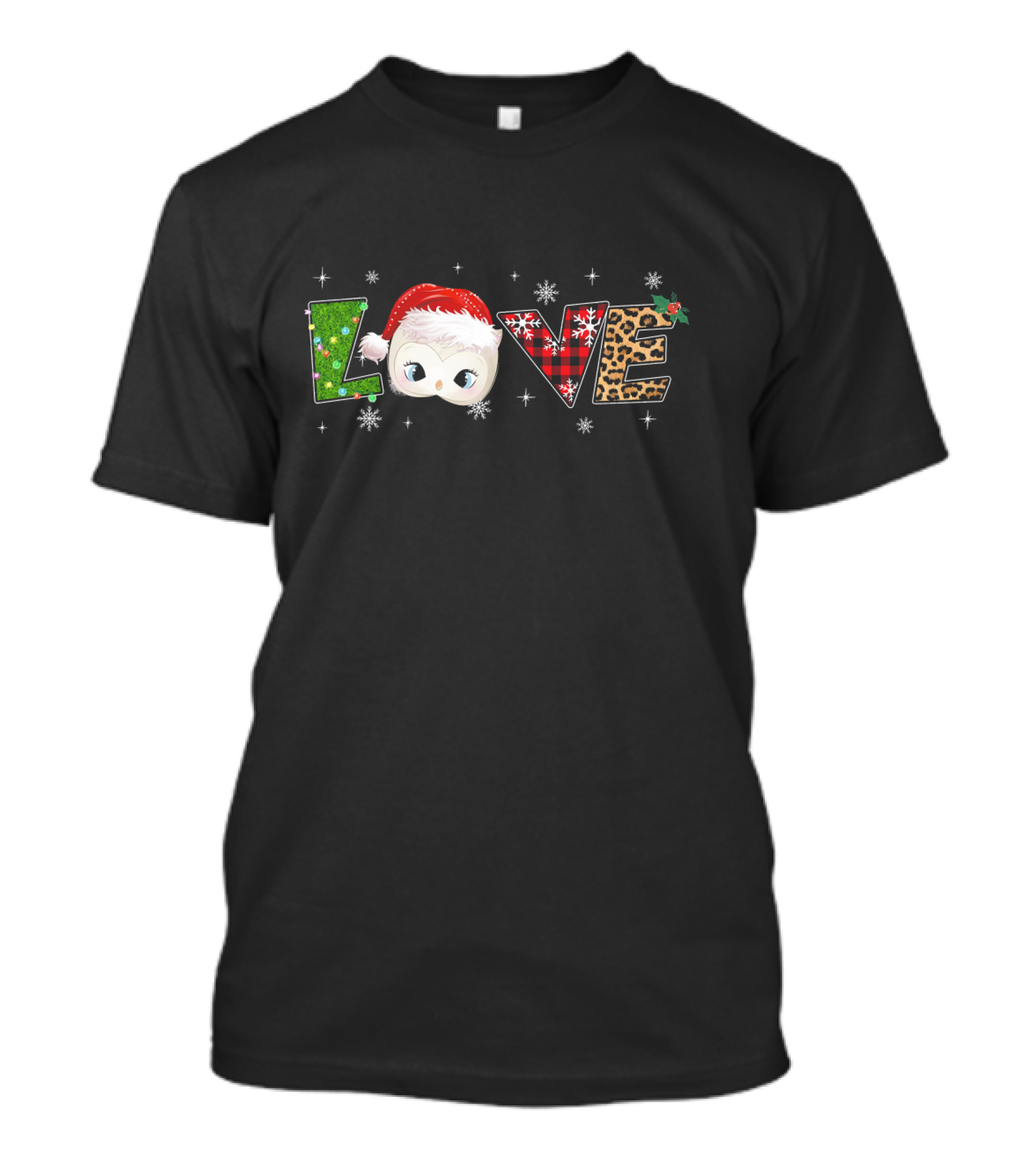 LOVE Owl Santa Hat Christmas Plaid Leopard Snowflakes T-Shirt