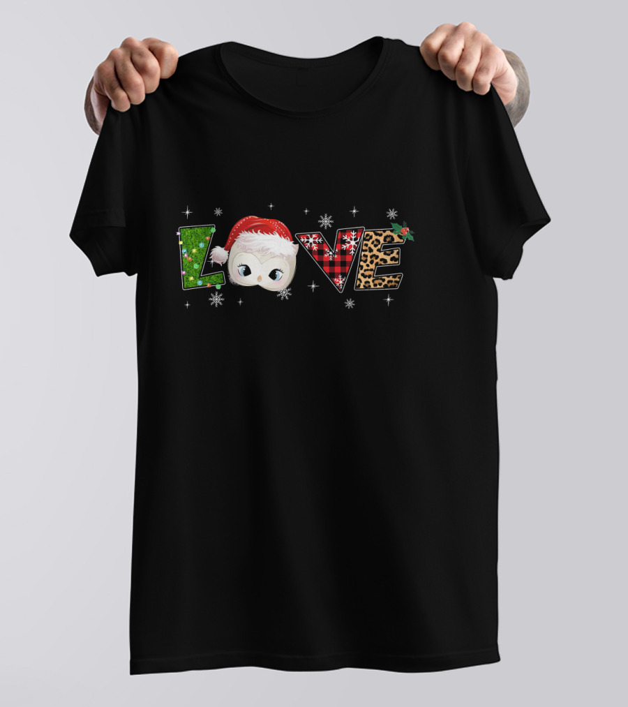 LOVE Owl Santa Hat Christmas Plaid Leopard Snowflakes T-Shirt