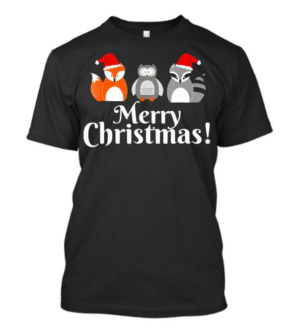 Merry Christmas Cute Fox Owl Raccoon Santa Hats T-Shirt