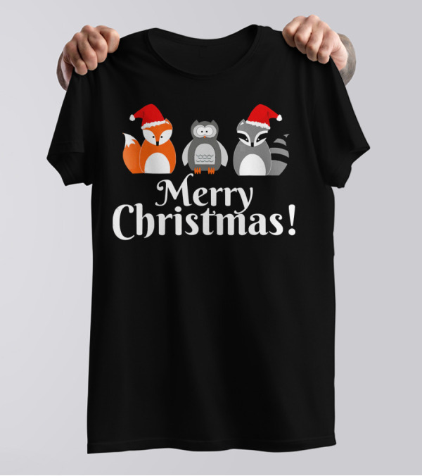 Merry Christmas Cute Fox Owl Raccoon Santa Hats T-Shirt