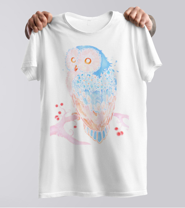 Owl Or Girl Or Colorful Owl On Branch With Red Berries T-Shirt