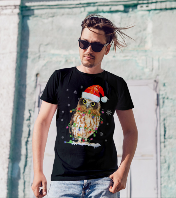 Owl Looking At You Christmas Lights Santa Hat Snowflakes T-Shirt