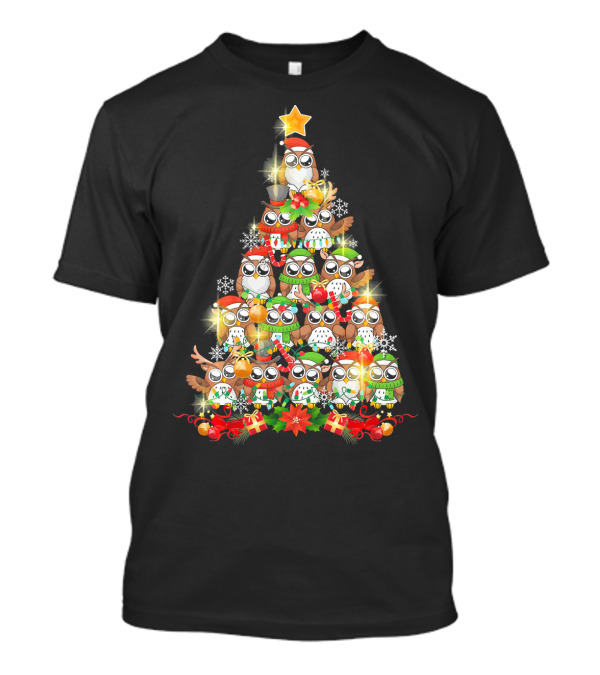 Owls Christmas Tree Funny Owl Lovers Santa Hats Stars Snowflakes T-Shirt