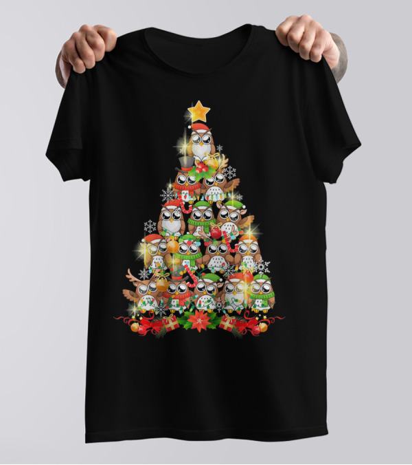 Owls Christmas Tree Funny Owl Lovers Santa Hats Stars Snowflakes T-Shirt