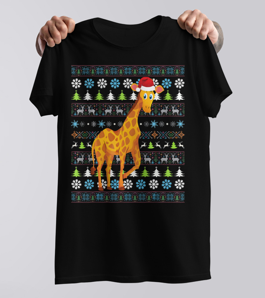 Merry Christmas Giraffe UglySan Santa Hat Festive Pattern Snowflakes Trees T-Shirt