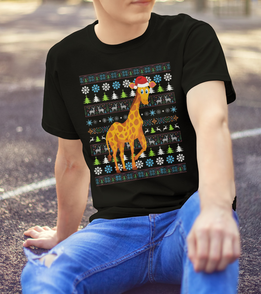 Merry Christmas Giraffe UglySan Santa Hat Festive Pattern Snowflakes Trees T-Shirt