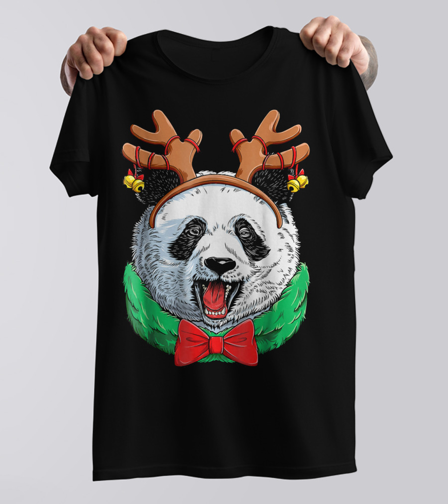 Panda Christmas Reindeer Antlers With Festive Bow And Bells T-Shirt