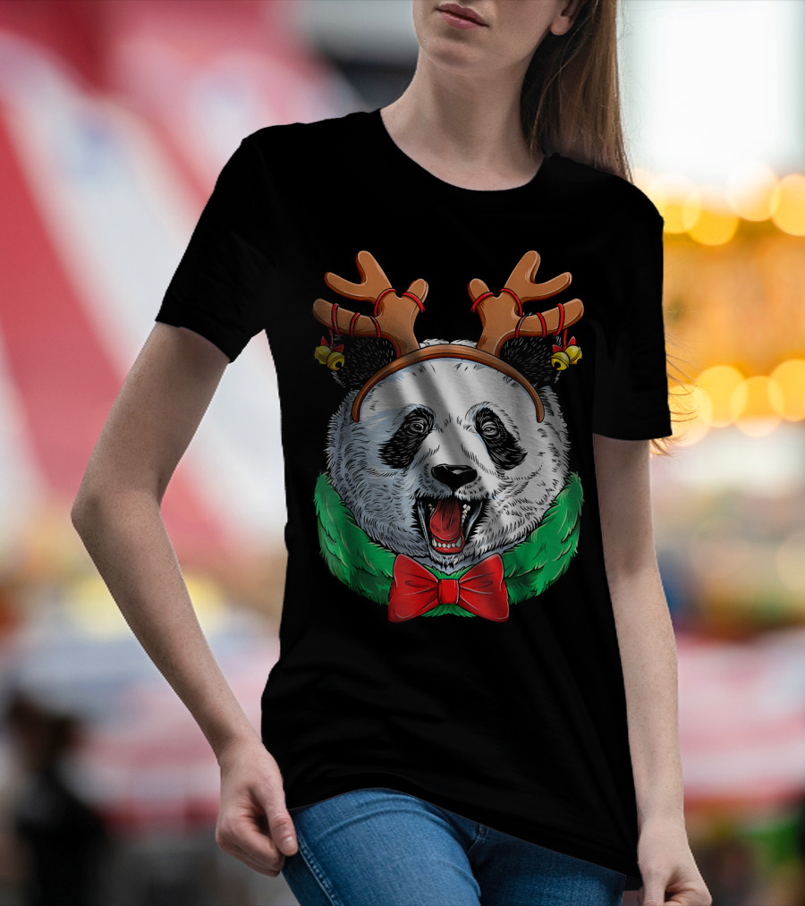 Panda Christmas Reindeer Antlers With Festive Bow And Bells T-Shirt