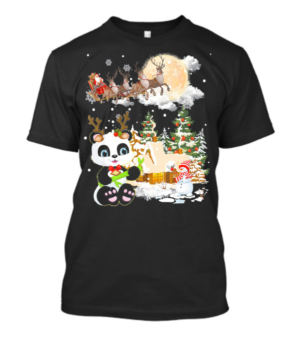 Santa's Sleigh Ride Over Christmas Village With Festive Panda And Snowman T-Shirt
