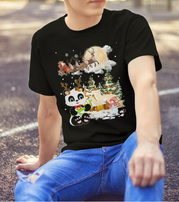 Santa's Sleigh Ride Over Christmas Village With Festive Panda And Snowman T-Shirt