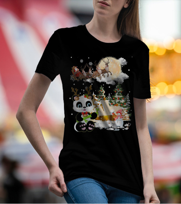 Santa's Sleigh Ride Over Christmas Village With Festive Panda And Snowman T-Shirt