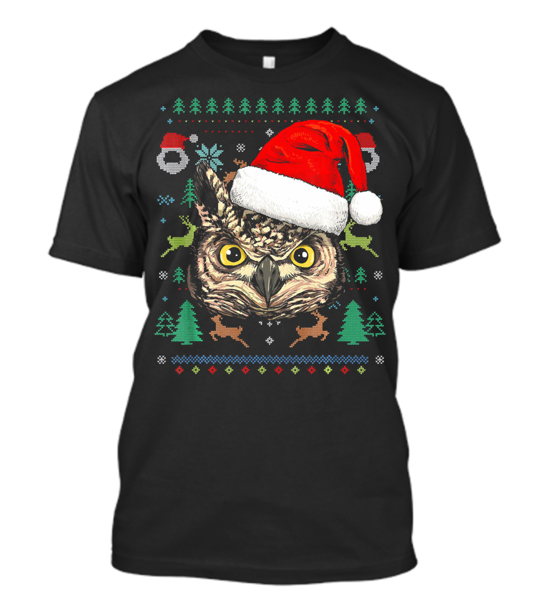 Owl Ugly Christmas Sweater Santa Hat Reindeer Trees Snowflakes T-Shirt