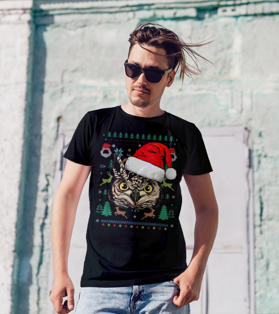 Owl Ugly Christmas Sweater Santa Hat Reindeer Trees Snowflakes T-Shirt