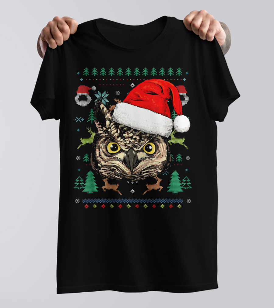 Owl Ugly Christmas Sweater Santa Hat Reindeer Trees Snowflakes T-Shirt