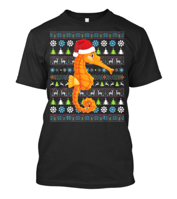 Santa Hat Seahorse Christmas Ugly Sweater Snowflakes Trees And Reindeer T-Shirt
