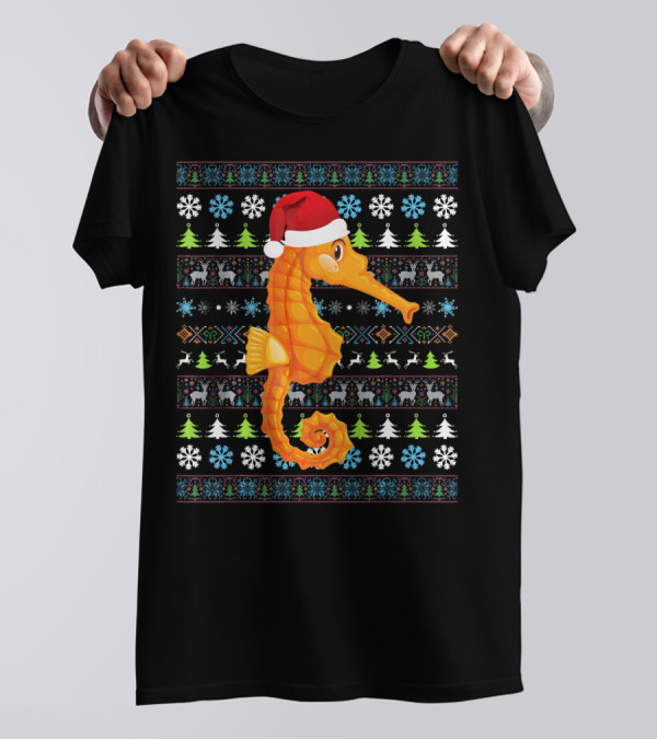 Santa Hat Seahorse Christmas Ugly Sweater Snowflakes Trees And Reindeer T-Shirt