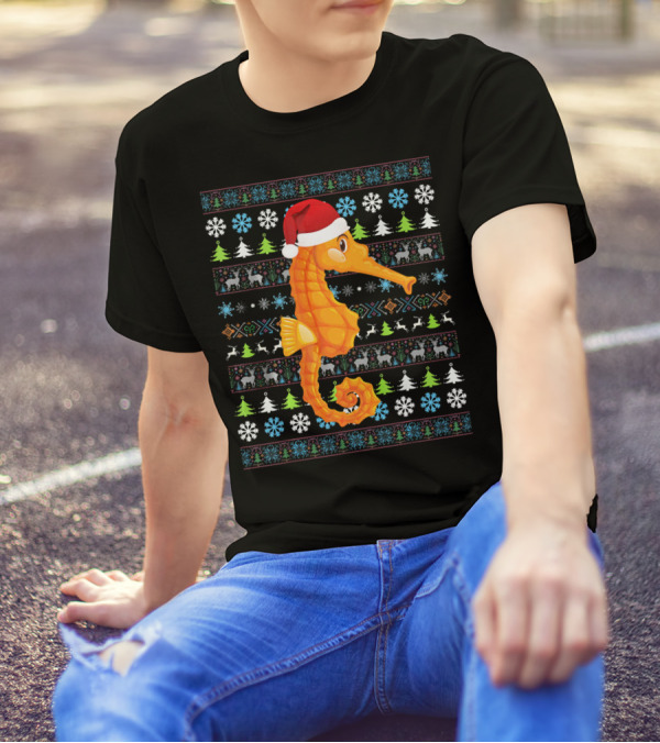 Santa Hat Seahorse Christmas Ugly Sweater Snowflakes Trees And Reindeer T-Shirt