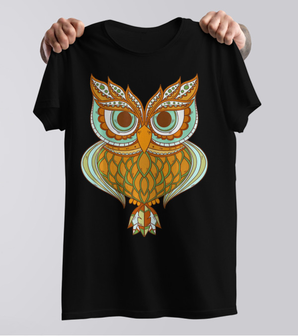 Owl Brocade Pattern Art Awesome Owl Vibrant Colorful T-Shirt