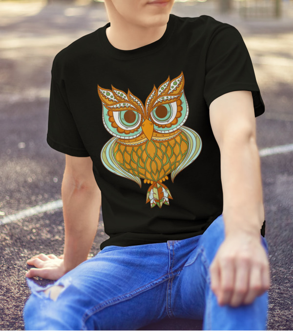 Owl Brocade Pattern Art Awesome Owl Vibrant Colorful T-Shirt