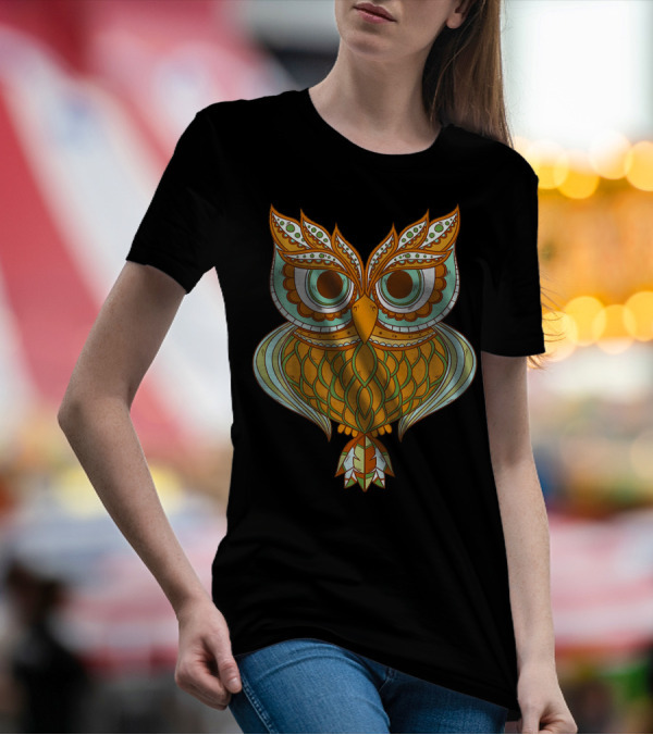 Owl Brocade Pattern Art Awesome Owl Vibrant Colorful T-Shirt