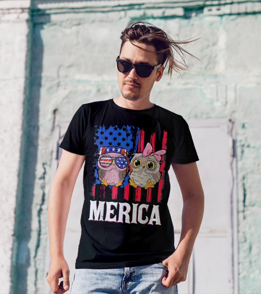 Merica Owl Bandana Sunglasses American Flag Stars Stripes T-Shirt