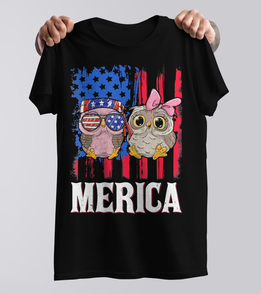 Merica Owl Bandana Sunglasses American Flag Stars Stripes T-Shirt