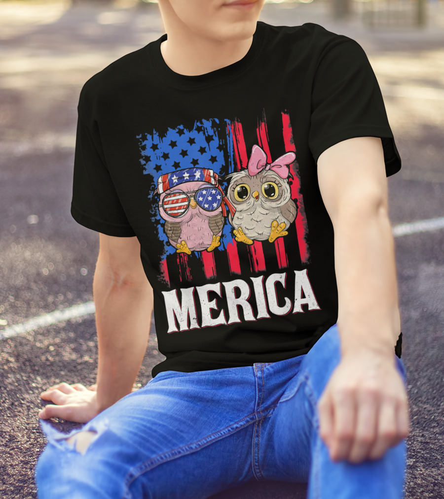 Merica Owl Bandana Sunglasses American Flag Stars Stripes T-Shirt