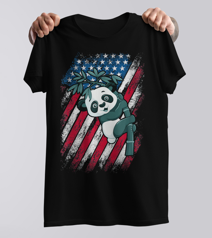 Panda Climbing Bamboo American Flag 4th Of July T-Shirt