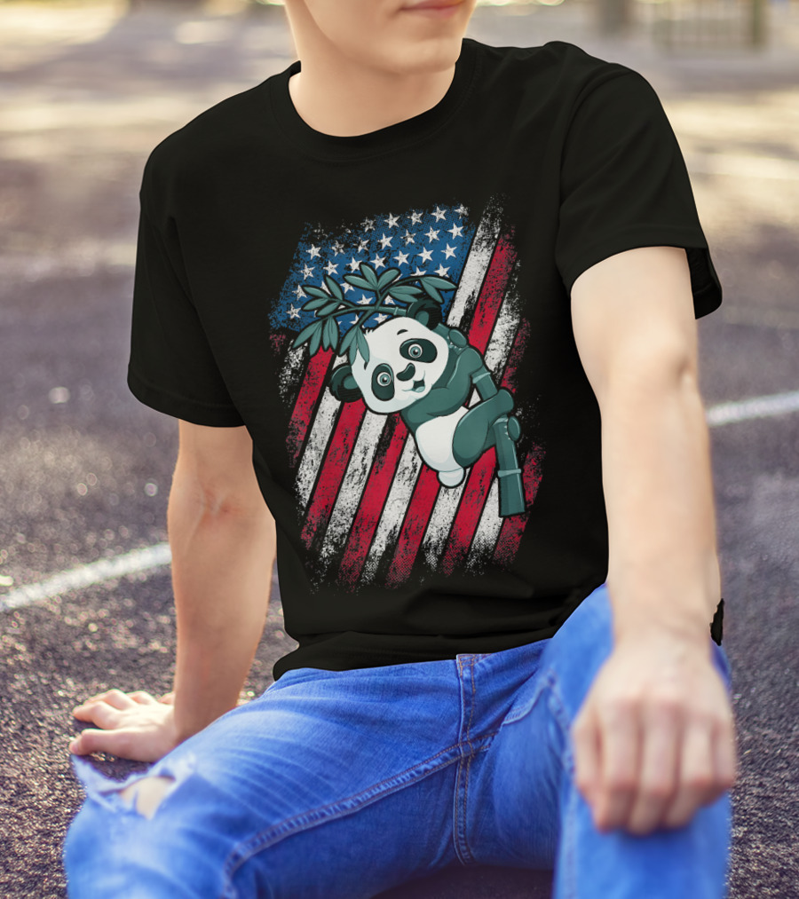 Panda Climbing Bamboo American Flag 4th Of July T-Shirt