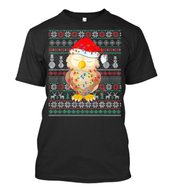 Christmas Owl With Santa Hat And Lights Ugly Holiday T-Shirt