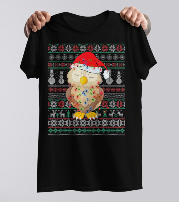Christmas Owl With Santa Hat And Lights Ugly Holiday T-Shirt
