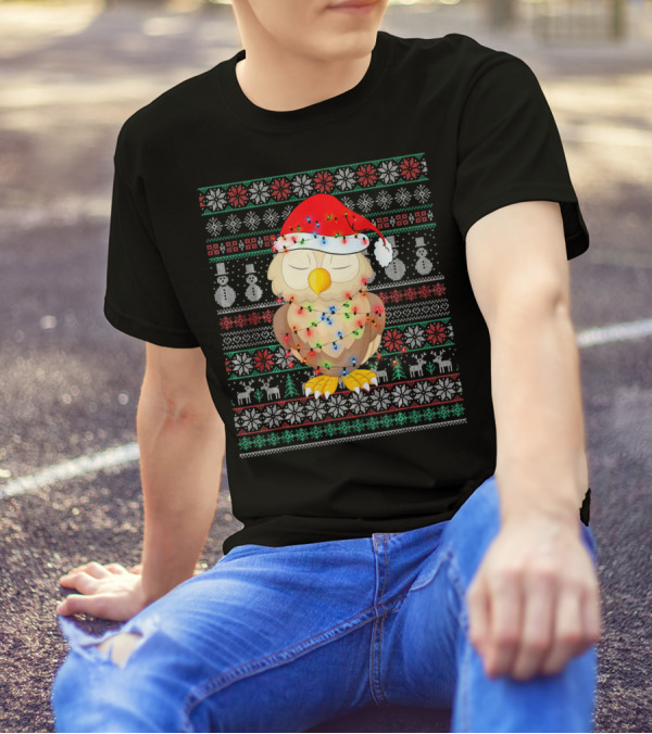 Christmas Owl With Santa Hat And Lights Ugly Holiday T-Shirt