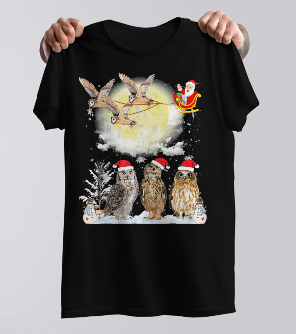 Santa's Sleigh With Owls And Moonlit Winter Scene T-Shirt
